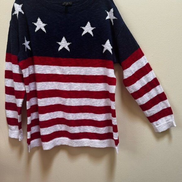 Talbots NEW Stars Stripes Linen Cotton Sweater USA Lightweight Knit Crew Slits M - Picture 2 of 16